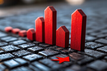red wooden blocks arranged in a height pattern in the form of a diagram or bar chart. 