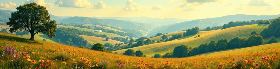 Obraz premium Vintage-style postcard with a scenic landscape of rolling hills and trees, tree, nature, rolling hills