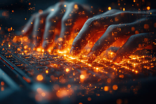 hands typing on a laptop or computer keyboard. However, the scene has a futuristic and cybernetic style