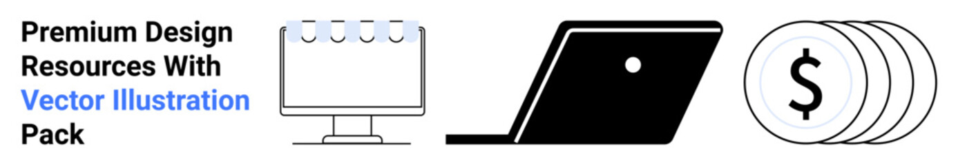 Desktop monitor with tabs, laptop silhouette, stack of coins with dollar sign. Ideal for design tools, finance apps, business resources, productivity, online learning, creativity abstract line flat
