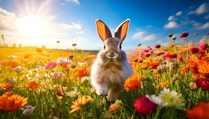 Fototapeta premium Fluffy rabbit in a blooming field of wildflowers with warm sunlight