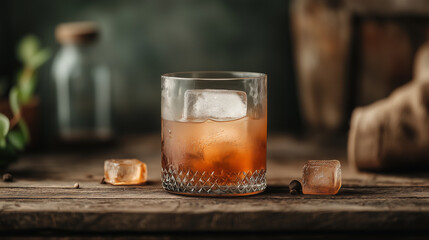 Cold summer cocktail standing on the wooden table