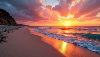 Fototapeta premium Warm sandy beach at sunset, ocean waves, sandy, sunset