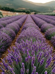 Obraz premium A serene view of a vibrant lavender field at sunset, featuring rows of blooming purple flowers stretching into the distance, creating a tranquil and picturesque landscape.