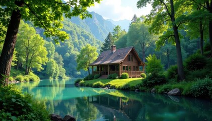 Obraz premium Secluded cabin amidst lush greenery at lakefront, peaceful, serene