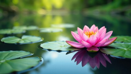 Water lily pads floating on a serene lake with soft focus , lake, serene