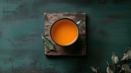 Morning aesthetic, cozy cup of herbal tea on the wooden table