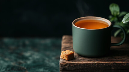 Morning aesthetic, cozy cup of herbal tea on the wooden table