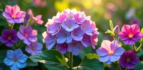 Vibrant hydrangea center surrounded by delicate morning glories and sun-kissed wildflowers , morning glory, natural, flower