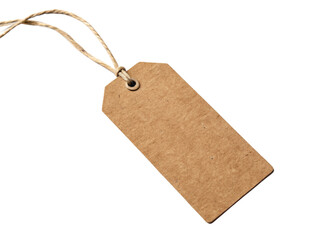A simple brown tag hanging from a twine string, perfect for labeling or decorative purposes. Its plain design adds a rustic touch, ideal for organizational or creative applications. 