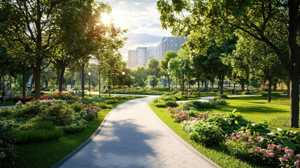 serene city park with pathways, lush greenery, and blooming flowers