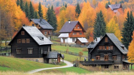Obraz premium Autumnal Village Houses Nestled In Colorful Foliage