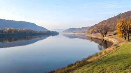 Autumn River Landscape With Reflection