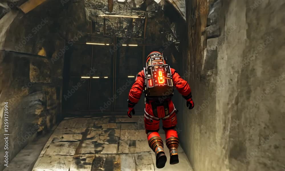Wall mural astronaut in red suit floating through gloomy science fiction corridor with ai generated.
