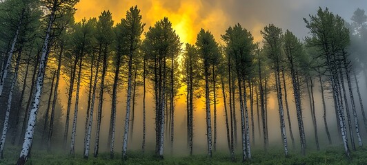 A serene forest scene at dawn, featuring tall evergreen trees amidst a mystical fog. The golden glow of the sun breaks through the mist, creating a tranquil atmosphere.