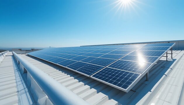 Clean Energy Solar Panels on Modern Building Roof Sustainable Technology