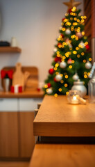 Wooden countertop and blurred kitchen with Christmas tree. Background for display or montage your products, Side lit. with white shades