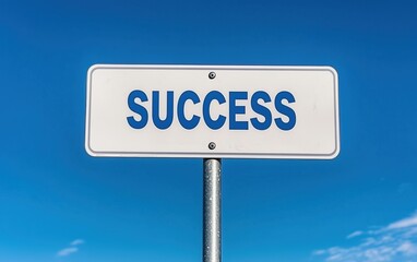 Obraz premium Success Road Sign Against Clear Blue Sky Symbolizing Achievement and Motivation.