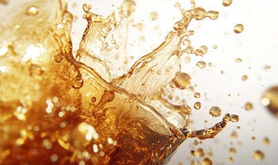 Brown liquid splash;  refreshing drink; white background; advertising use