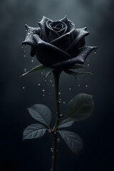 Black rose with water droplets on dark moody background