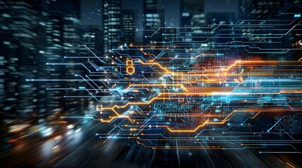 Obraz premium Abstract Night Cityscape With Glowing Circuit Lines