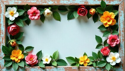 Vintage style artificial flower wall with greenery and blooms in a distressed wood frame, whimsical, vintage, natural