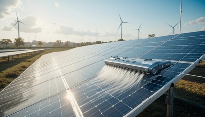 Automated Solar Panel Cleaning Robot System in a Sustainable Energy Field with Wind Turbines
