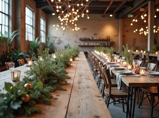 Fototapeta premium Industrial Wedding Long Tables Copper Greenery