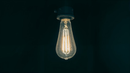 A dimly lit incandescent bulb hanging in a dark industrial setting, creating a moody atmosphere. Generative AI
