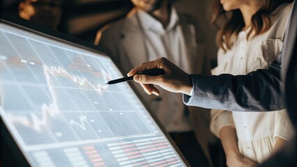 A closeup of a futuristic hologram showing financial analytics with a data scientist using a stylus to highlight trends and patterns to a captivated audience.