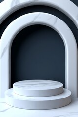A minimalist display featuring a circular podium surrounded by elegant, arch-shaped structures in neutral tones against a dark background.