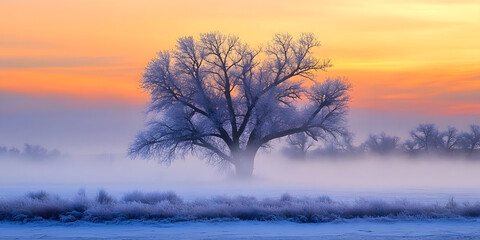 Fototapeta premium Majestic Winter Tree at Sunrise, Stunning Snowy Landscape, Golden Sunrise, Misty Morning, Scenic Nature Photography, Winter Serenity