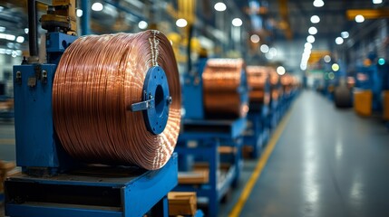 Obraz premium Copper Wire Spools in Manufacturing Facility