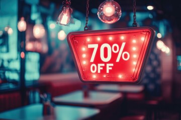 Seventy Percent Off Sale Sign in a Vibrant Restaurant Setting