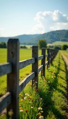 Fototapeta premium Weathered wooden fence in rural landscape , rustic, grunge, rural