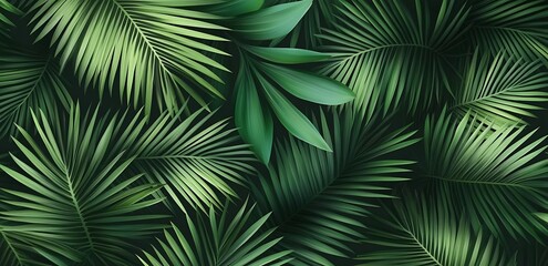 A seamless pattern of fine lines in the shape of palm leaves on a dark green background, with soft gradients and subtle shadows