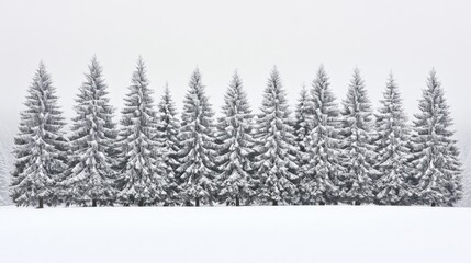 Fototapeta premium Snow covered pine trees stand in a winter scene