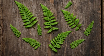 Naklejka premium Fern Leaves Arranged on Rustic Wood Surface for Botanical Themes