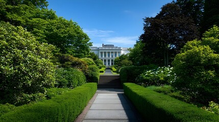 Obraz premium White House Exterior Garden Path On Sunny Day