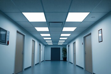Obraz premium Modern Office Corridor with Bright Ceiling Lights and Uniform Doors in a Calm Architectural Space
