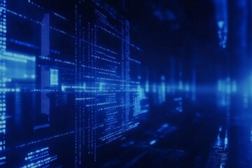 Futuristic digital code display wall in a data center
