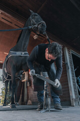Farrier filing a horse hoof in a stable