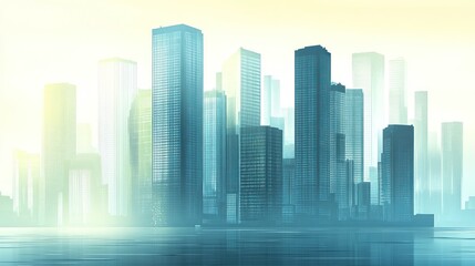 Naklejka premium Modern city skyline at sunrise reflected in water.