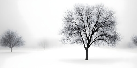 Fototapeta premium Winter landscape, snowy tree scene, black and white nature, solitary tree in snow, serene winter morning, tranquil winter view