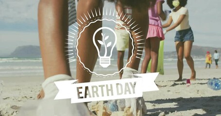 Cleaning beach, people collecting trash, Earth Day animation over scene