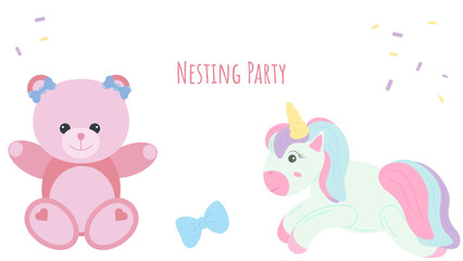 Fototapeta premium Nesting party banner honor of expectant parents. Pink bear and unicorn. Website poster design in pastel colors. Vector illustration.