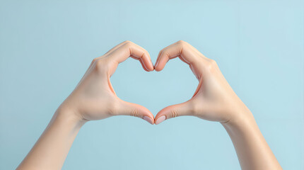 Fototapeta premium Love in Blue: Heart Gesture Hands Against Sky Background