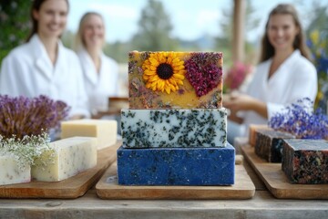Two individuals in white robes enjoy a soap making workshop outdoors. Colorful handmade soaps featuring flowers and herbs are displayed prominently. The setting is serene and inviting