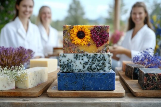 Two individuals in white robes enjoy a soap making workshop outdoors. Colorful handmade soaps featuring flowers and herbs are displayed prominently. The setting is serene and inviting