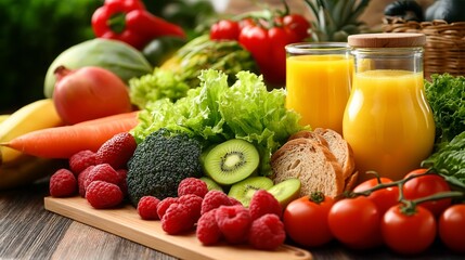 A colorful display of fresh fruits, vegetables, and orange juice on a wooden table, highlighting organic, healthy eating, and balanced nutrition.  
